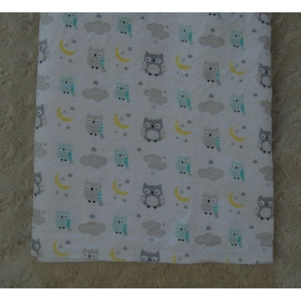 Parent's Choice Owl Moon Star Baby Blanket White Gray Yellow Mint Green Flannel
